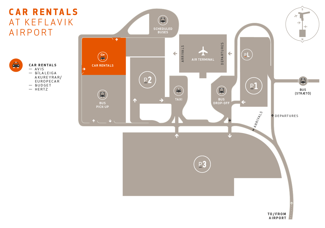 KEF Airport map including car rental pick up point like Avis, Europacar, Budget and Hertz